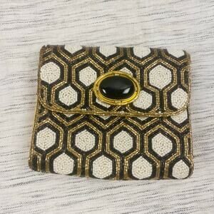From St. Xavier Black White Gold Beaded Clutch Removable Chain Deco MCM NWOT